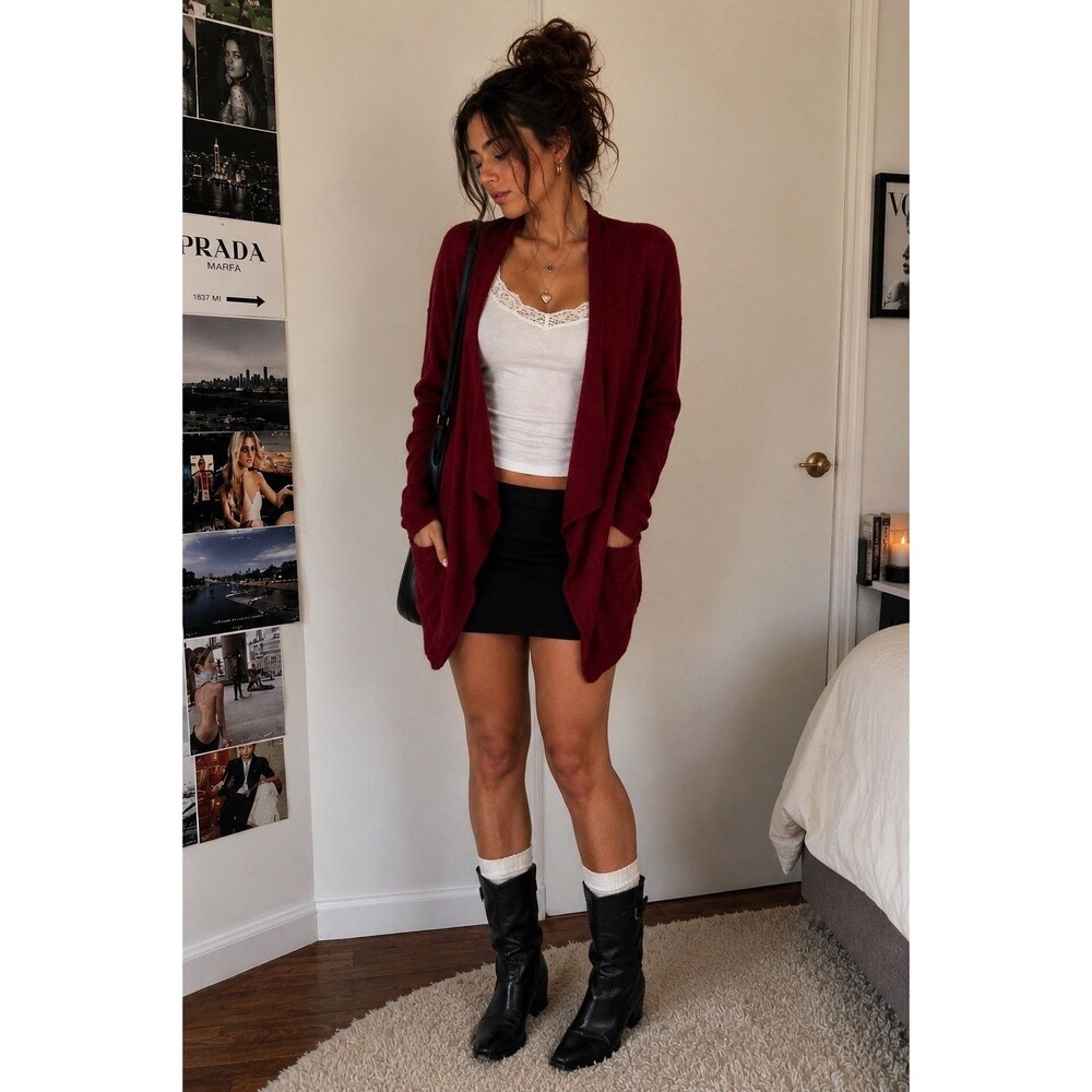 360Cashmere 100% Cashmere Open Front Drape Cardigan Sweater Burgundy M Luxury